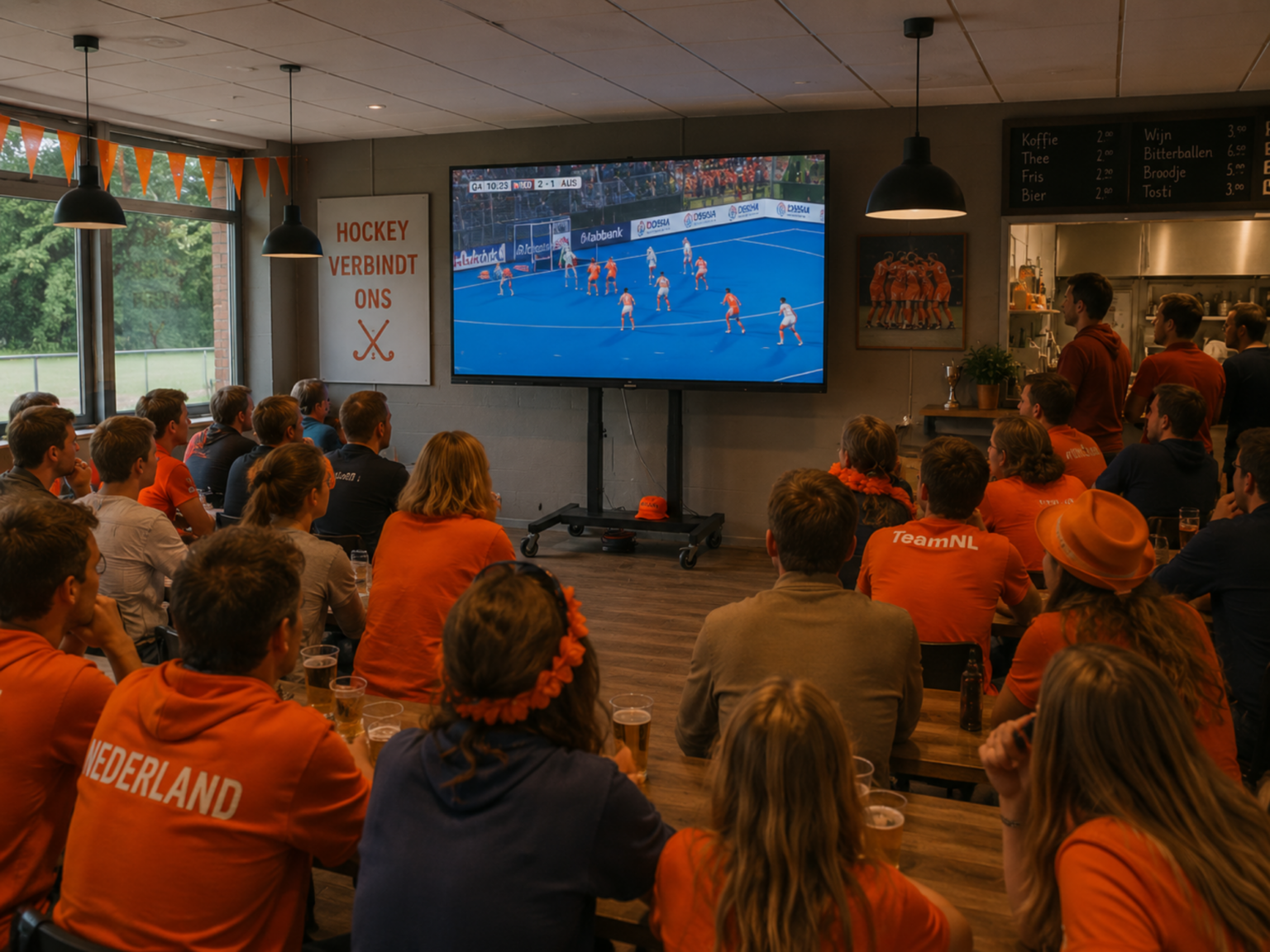 Bezoekers kijken samen naar een WK Hockey-wedstrijd op een professioneel scherm in een hockeykantine tijdens een gezellige Oranje-avond.